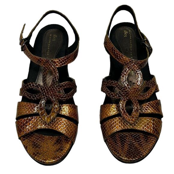 1803 Handcrafted in Portugal Yellow Gold Snakeskin Patterned Open Toe Short Heel - Picture 2 of 12